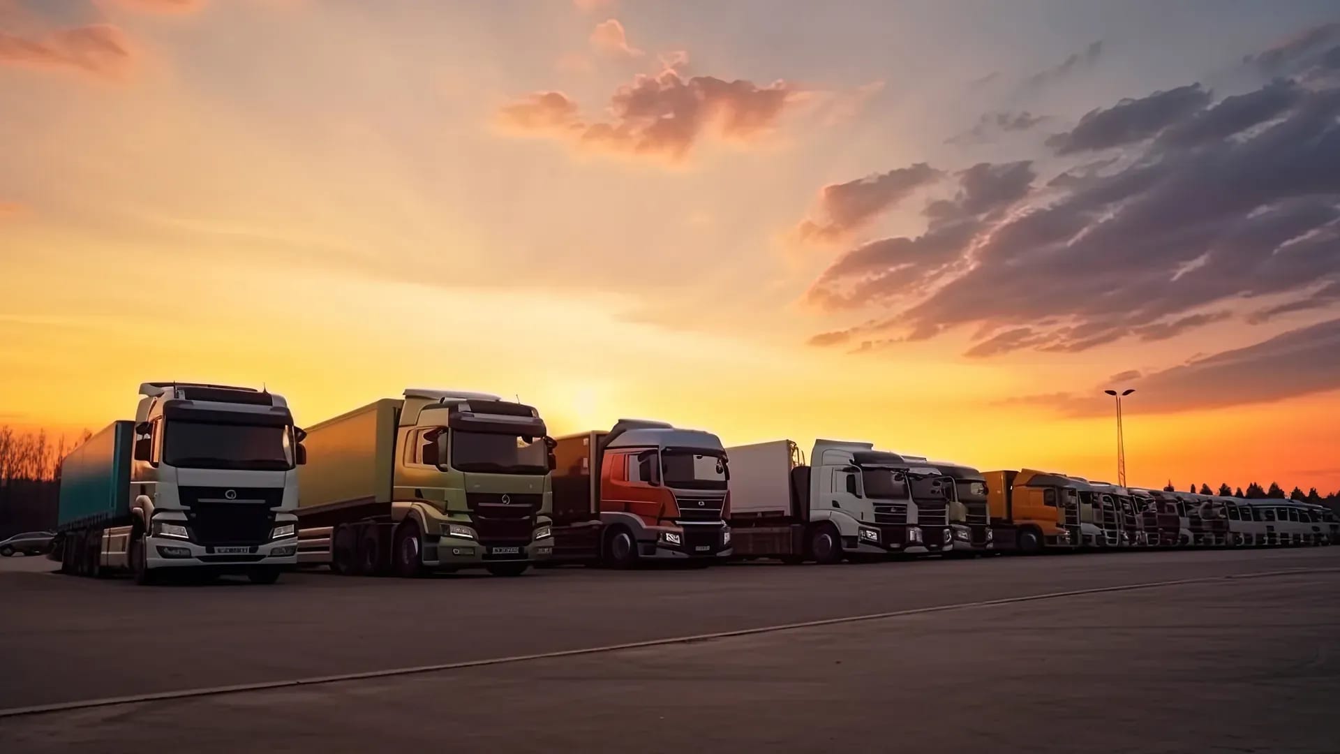 Lastwagenflotte bei Sonnenuntergang nebeneinander abgestellt